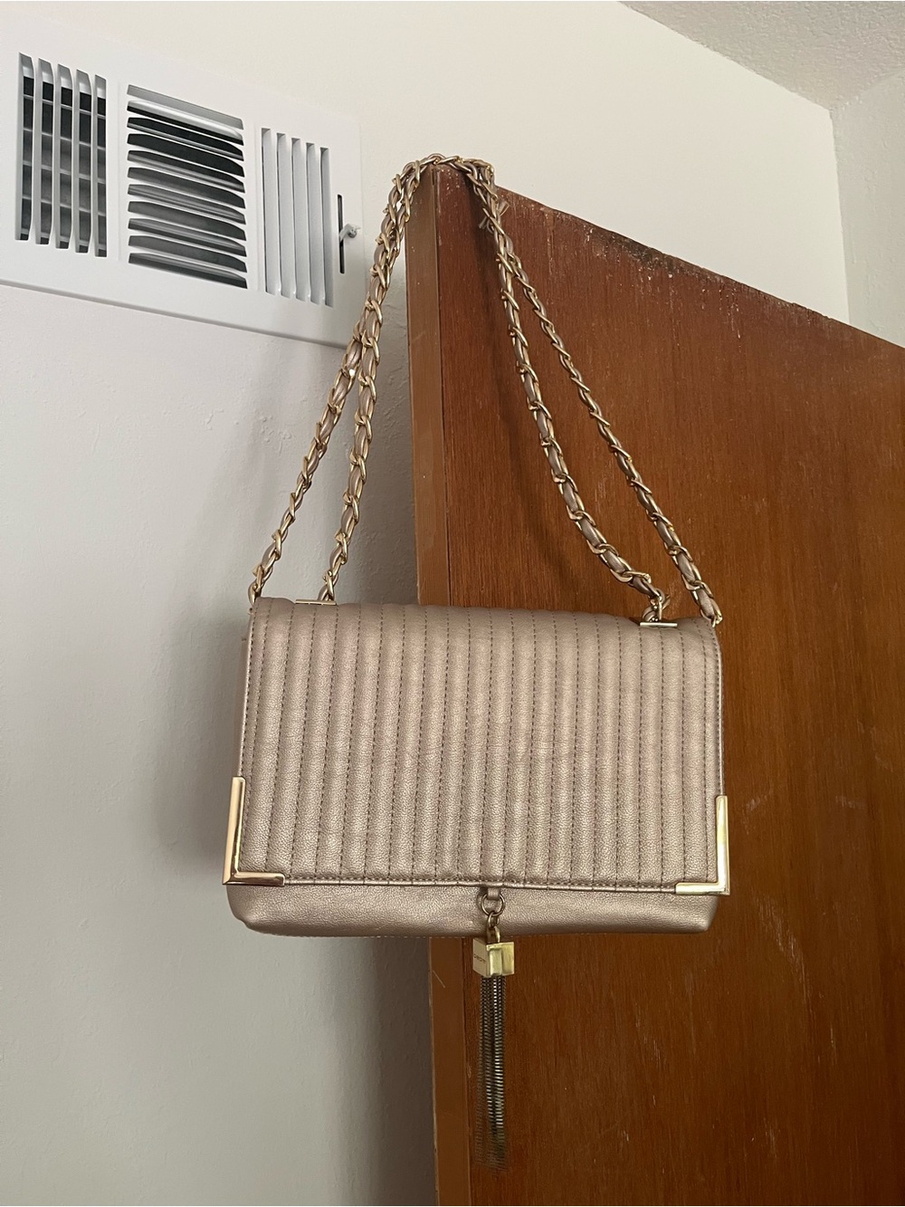 bebe Quilted Metallic Gold Shoulder Bag with Chain Strap